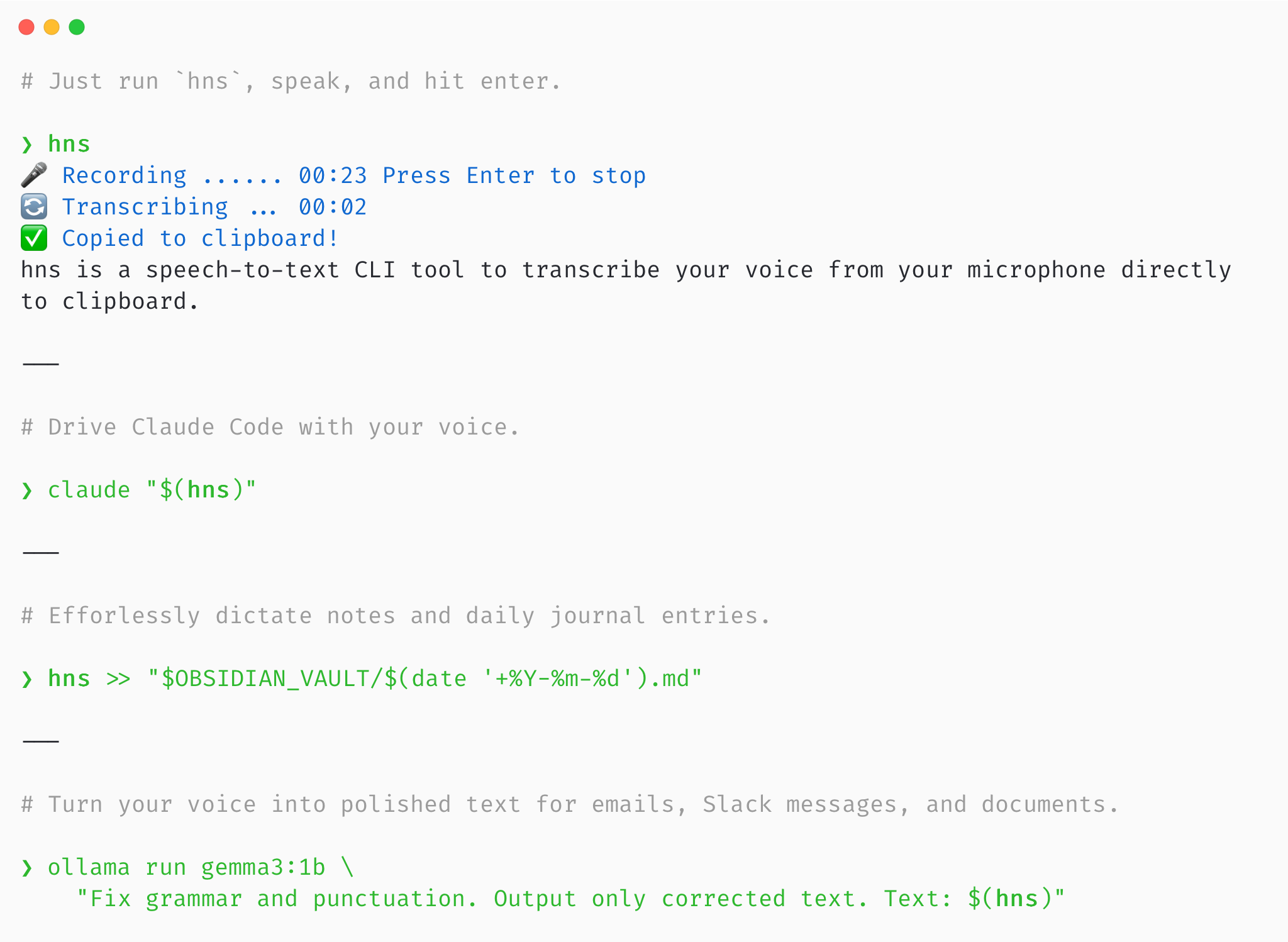 Command line examples showing hns in action